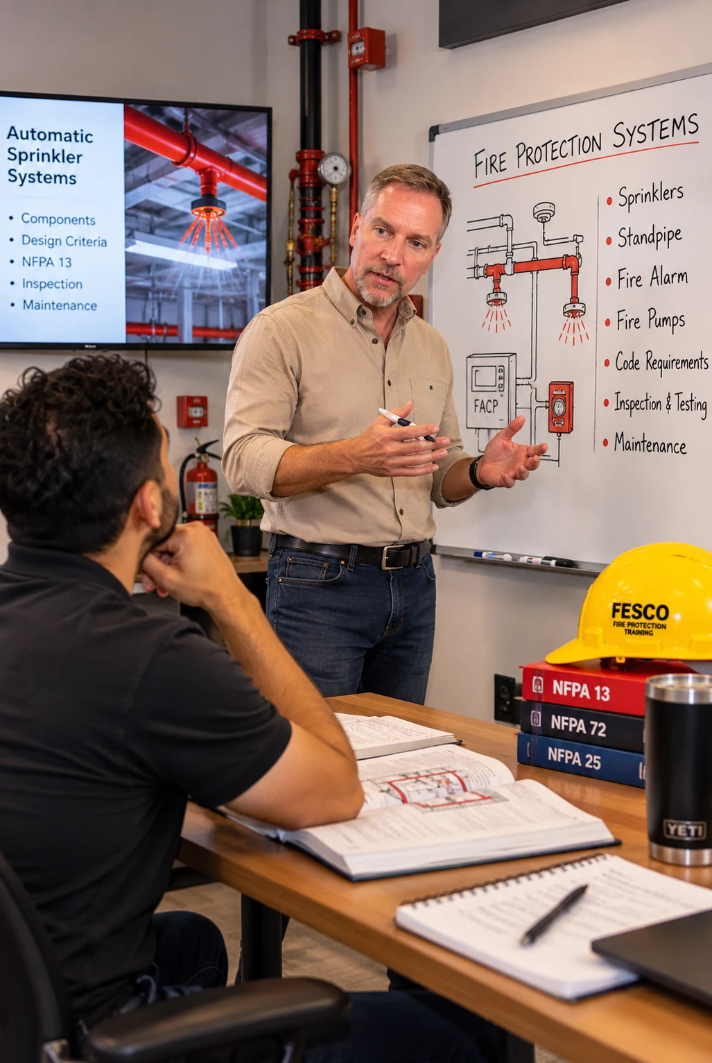 Michael Irvin explaining fire protection systems beside a whiteboard